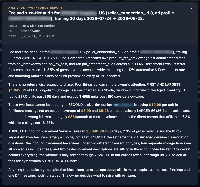 A workforce report rendered as a memo: From the Fee and
              Size-Tier Auditor, To the Brand Owner, with dated audit
              findings, highlighted dollar amounts, and a closing note
              that nothing was staged