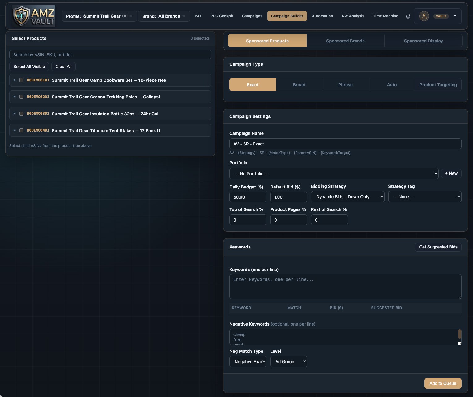 Campaign Builder: structured launches with suggested bids