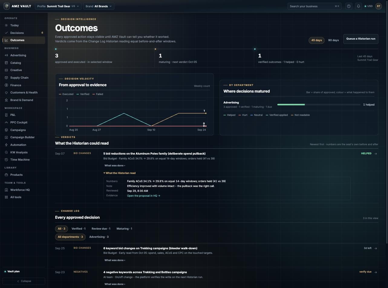 Outcomes in AMZ Vault on the live demo's fictitious brand: approved changes with their write receipts and verdicts